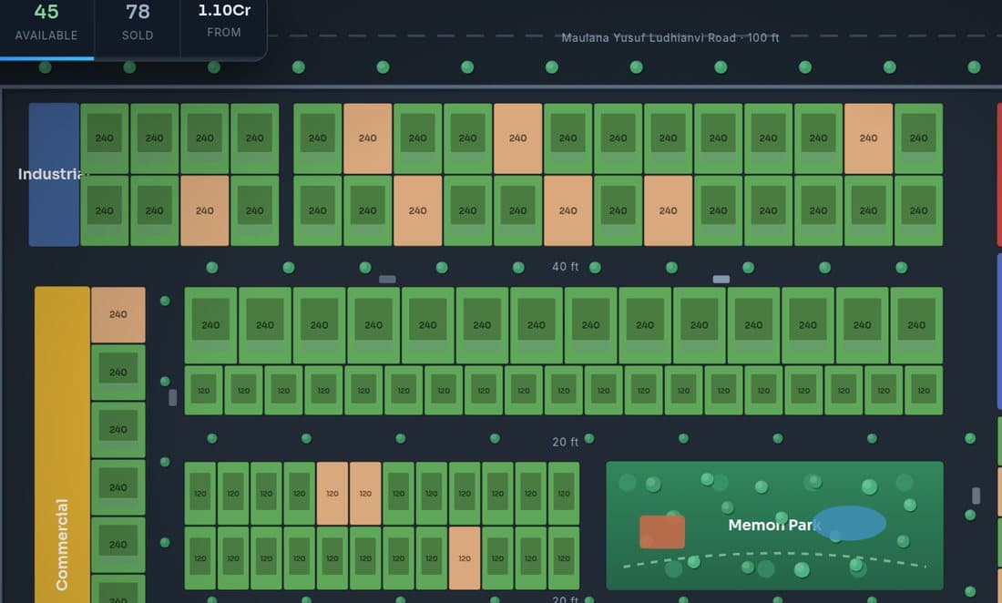 Close view of the master plan plot grid with availability colour coding