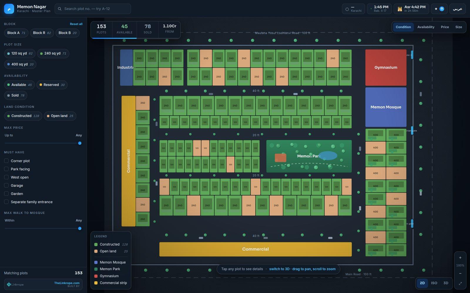 Interactive master plan: a clickable site plan showing 153 plots with live availability, price and plot-size filters